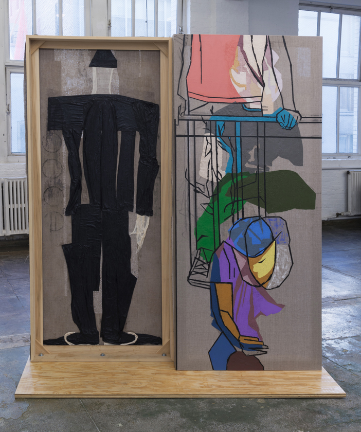 82×74 inches, cloth collage and acrylic on linen